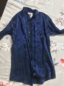 Elegant Navy Satin Button-Up Shirt