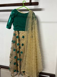 green blouse with golden skirt and shawl