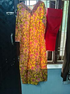 Yellow Floral Print Kurta with Red Pants