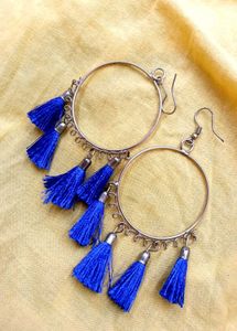 Blue Tassel Hoop Earrings