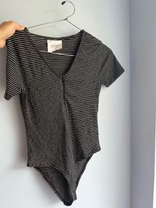 koovs Striped V-Neck Bodysuit