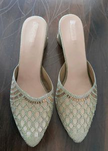 Gold Embellished Block Heel Mules