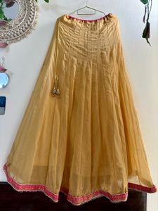 Fishcut Golden Lehenga with hot Pink Blouse