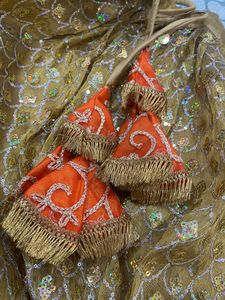 Orange And Golden Kurti And Skirt Set Without Dupatta