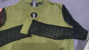 Stylish Olive Green Top with Black Lace Sleeves