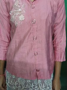 Pink Cotton Kurta Set with Lace Detail