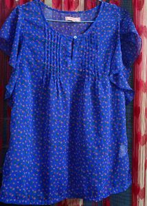 Blue Floral Sheer Ruffle Sleeve Top