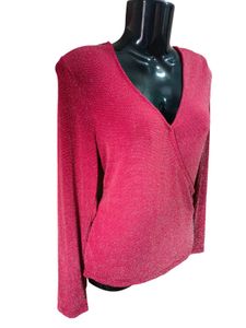 Long Sleeves Glitery Red Wrapped Style Top M &amp; L