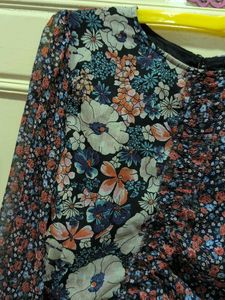 Floral Print Sheer Sleeve Ruffle Dress