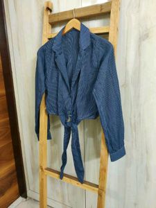 Stylish Blue Tie-Front Crop Shirt Size-32