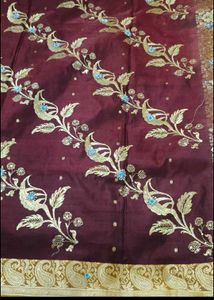 Beautiful Maroon &amp; Yellow Embroidered Saree