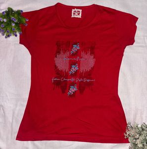 Red floral printed Tshirt for women