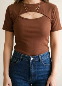 Brown Ribbed Cut-Out Top