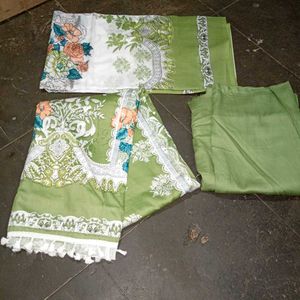 Green Floral Print dress material with lace work