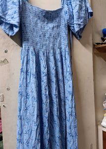 Blue Floral Smocked Midi Dress