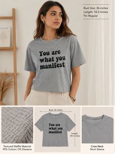 Grey Graphic Print Cropped Waffle Knit T-Shirt