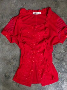 Chic Red Embellished Button-Up Top