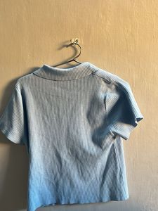 Blue Collared Cutout Knit Top