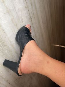 Black Croc Platform Block Heels