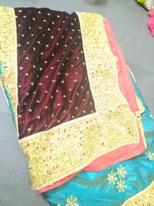 Elegant Teal Embroidered Saree