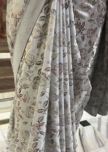 Saree With Grey Silver Tone And Stitched Blouse