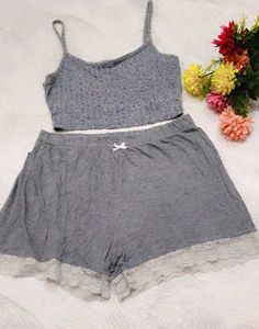 Cozy Grey Ribbed Cami &amp; Lace Trim Shorts Set