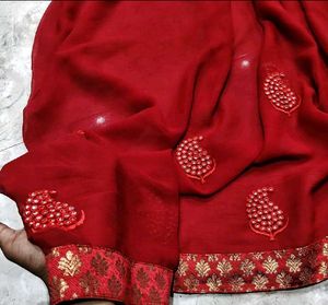 Vibrant Red Embroidered Saree