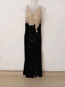 Black Velvet Gown with Embellished Neckline