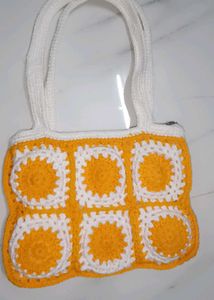 Handmade Crochet Tote Bag - Yellow &amp; White
