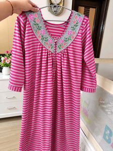 Comfortable Striped Nightgown with Embroidery