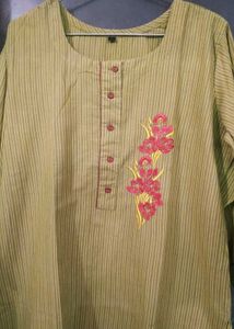 Olive Striped Kurta with Floral Embroidery