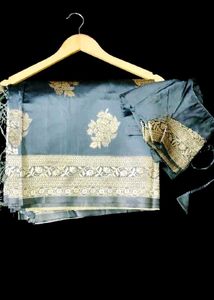 Elegant Grey Silk Saree with Gold Border