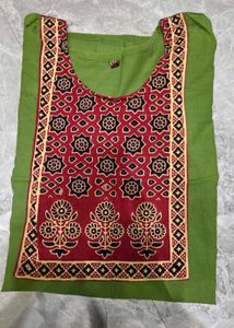 Green Cotton short top with Red Block Print