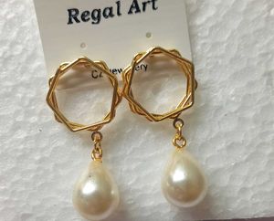 Elegant Gold Hexagon Pearl Drop Earrings