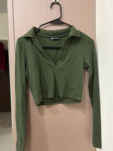 Olive Green Collared Crop Top