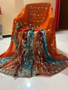 Stunning Orange & Teal Lehenga Choli type saree
