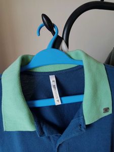 Men's Blue Polo Shirt with Green Collar