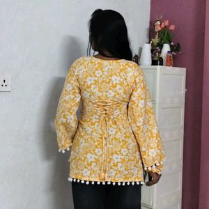 Yellow Floral Kurta with Pom Po