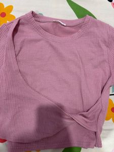 Pink Ribbed Twist Crop Top