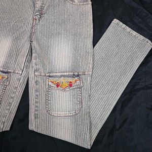 Striped Embroidered Jeans cargo y2k