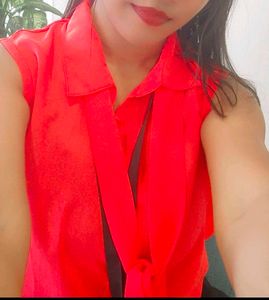 Vibrant Red Sleeveless Button-Up Top
