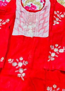 Red &amp; White Chikankari Kurta Set