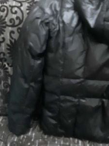 Black Puffer Jacket with Red Accents