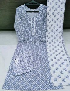 Blue & White Printed Kurta Set with Dupatta