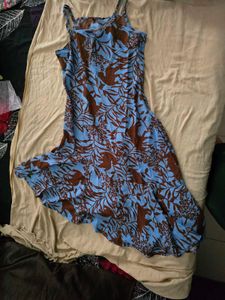 Flowy Blue &amp; Brown Floral Midi Dress