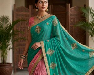 Beautiful Teal and Pink Embroidered Saree