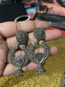 Oxidized Silver Heart Jhumka Earrings