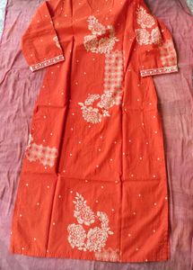 Vibrant Orange Kurta with White Floral Print