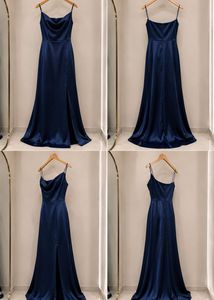 Elegant Navy Blue Satin Maxi Dress