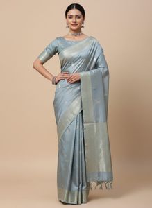 Elegant Gray Silk Saree with Gold Border